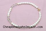 CFN710 9mm - 10mm potato white freshwater pearl & white crystal necklace