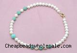 CFN722 9mm - 10mm potato white freshwater pearl & amazonite necklace