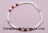 CFN731 9mm - 10mm potato white freshwater pearl & red banded agate necklace