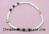 CFN733 9mm - 10mm potato white freshwater pearl & black banded agate necklace