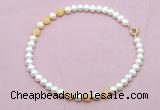 CFN740 9mm - 10mm potato white freshwater pearl & honey jade necklace