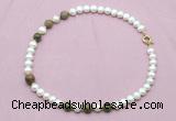 CFN745 9mm - 10mm potato white freshwater pearl & unakite necklace