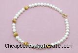 CFN765 9mm - 10mm potato white freshwater pearl & golden tiger eye necklace