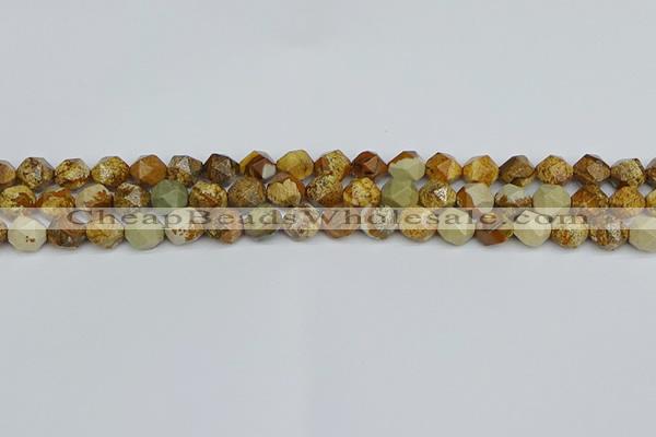 CNG7376 15.5 inches 8mm faceted nuggets picture jasper beads