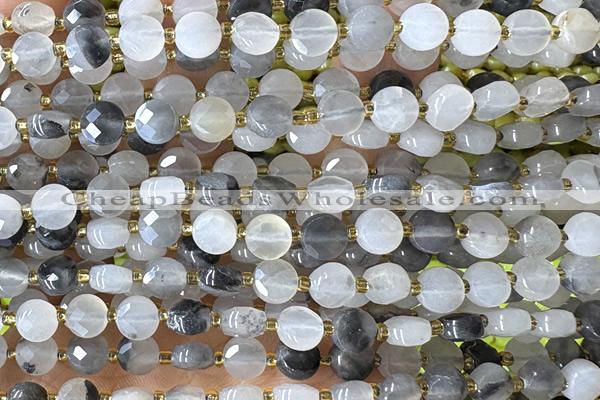 COIN141 15 inches 6mm faceted coin cloudy quartz beads