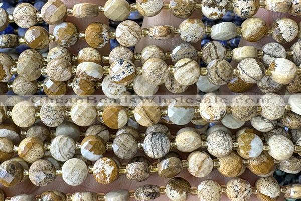 COIN146 15 inches 6mm faceted coin picture jasper beads