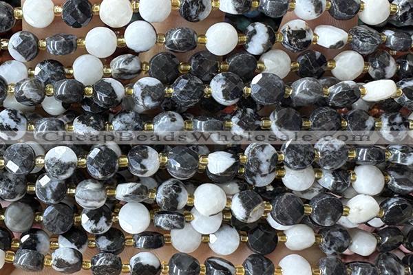 COIN196 15 inches 6mm faceted coin black & white jasper beads