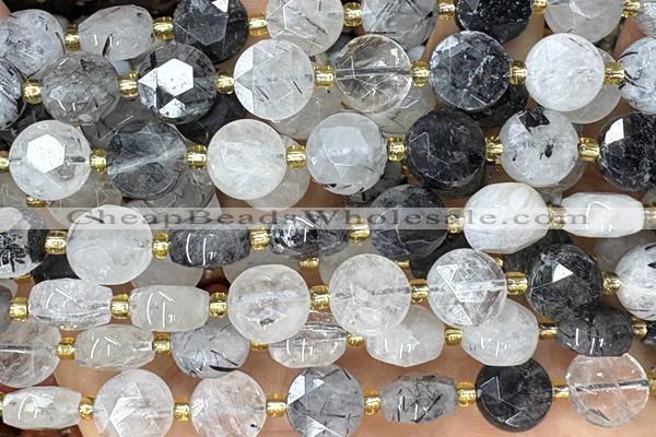 COIN279 15 inches 10mm faceted coin black rutilated quartz beads