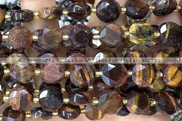 COIN308 15 inches 10mm faceted coin tiger eye beads