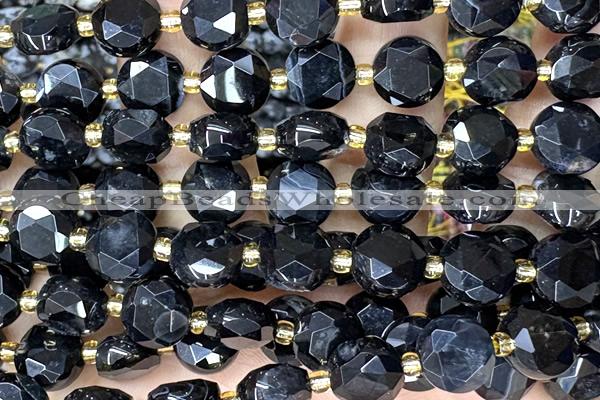 COIN321 15 inches 10mm faceted coin black agate beads