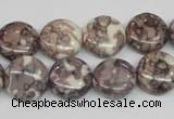 CRF237 15.5 inches 14mm flat round dyed rain flower stone beads