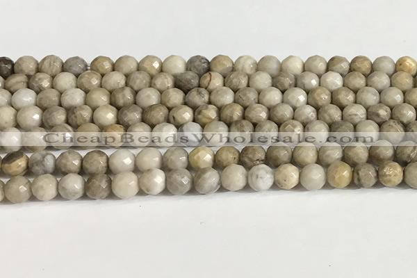 CSL157 15.5 inches 6mm faceted 

round sliver leaf jasper beads