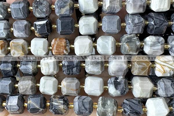 CUBE244 15 inches 10mm faceted cube black water jasper beads wholesale
