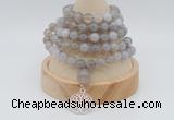GMN1189 Hand-knotted 8mm, 10mm grey banded agate 108 beads mala necklaces with charm