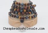 GMN1225 Hand-knotted 8mm, 10mm colorfull tiger eye 108 beads mala necklaces with charm