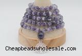GMN1237 Hand-knotted 8mm, 10mm dogtooth amethyst 108 beads mala necklaces with charm