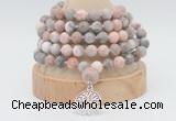 GMN1262 Hand-knotted 8mm, 10mm pink zebra jasper 108 beads mala necklaces with charm