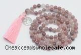 GMN1886 Knotted 8mm, 10mm purple strawberry quartz 108 beads mala necklace with tassel & charm