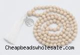 GMN1889 Knotted 8mm, 10mm white fossil jasper 108 beads mala necklace with tassel & charm