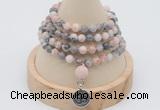 GMN2410 Hand-knotted 6mm pink zebra jasper 108 beads mala necklace with charm