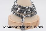 GMN2411 Hand-knotted 6mm black & white jasper 108 beads mala necklace with charm