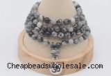GMN2412 Hand-knotted 6mm black water jasper 108 beads mala necklace with charm