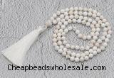 GMN243 Hand-knotted 6mm white howlite 108 beads mala necklaces with tassel