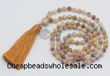 GMN323 Hand-knotted 6mm yellow crazy agate 108 beads mala necklaces with tassel & charm