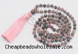 GMN325 Hand-knotted 6mm rhodonite 108 beads mala necklaces with tassel & charm