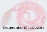 GMN4200 Hand-knotted 8mm, 10mm matte rose quartz 108 beads mala necklace with pendant
