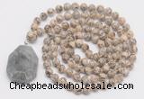 GMN4624 Hand-knotted 8mm, 10mm feldspar 108 beads mala necklace with pendant