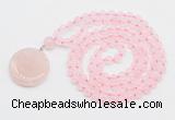 GMN4650 Hand-knotted 8mm, 10mm rose quartz 108 beads mala necklace with pendant