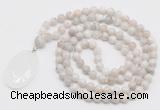 GMN4660 Hand-knotted 8mm, 10mm white crazy agate 108 beads mala necklace with pendant