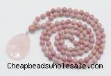 GMN4672 Hand-knotted 8mm, 10mm pink wooden jasper 108 beads mala necklace with pendant