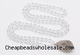 GMN4800 Hand-knotted 8mm, 10mm white crystal 108 beads mala necklace with pendant