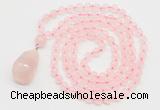 GMN4809 Hand-knotted 8mm, 10mm rose quartz 108 beads mala necklace with pendant