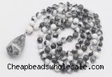 GMN4865 Hand-knotted 8mm, 10mm black & white jasper 108 beads mala necklace with pendant