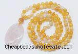 GMN5150 Hand-knotted 8mm, 10mm yellow banded agate 108 beads mala necklace with pendant