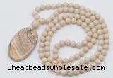 GMN5164 Hand-knotted 8mm, 10mm white fossil jasper 108 beads mala necklace with pendant