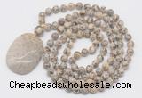 GMN5169 Hand-knotted 8mm, 10mm feldspar 108 beads mala necklace with pendant