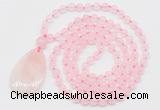 GMN5197 Hand-knotted 8mm, 10mm rose quartz 108 beads mala necklace with pendant