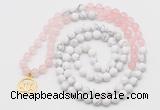 GMN6002 Knotted 8mm, 10mm rose quartz & white howlite 108 beads mala necklace with charm