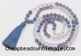 GMN6101 Knotted 8mm, 10mm matte amethyst, white crystal & lapis lazuli 108 beads mala necklace with tassel