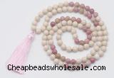 GMN6250 Knotted 8mm, 10mm white fossil jasper & pink wooden jasper 108 beads mala necklace with tassel