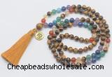 GMN6323 Knotted 7 Chakra yellow tiger eye 108 beads mala necklace with tassel & charm