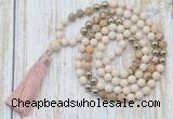GMN6345 Knotted 8mm, 10mm white fossil jasper & picture jasper 108 beads mala necklace with tassel