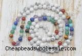 GMN6421 Hand-knotted 7 Chakra 8mm, 10mm white howlite 108 beads mala necklaces