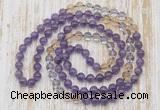 GMN6453 Hand-knotted 8mm, 10mm amethyst, citrine & white crystal 108 beads mala necklaces