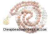 GMN6500 Knotted 8mm, 10mm sunstone, white crystal & white jade 108 beads mala necklace with charm