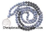 GMN6510 Knotted 8mm, 10mm blue spot stone & black lava 108 beads mala necklace with charm